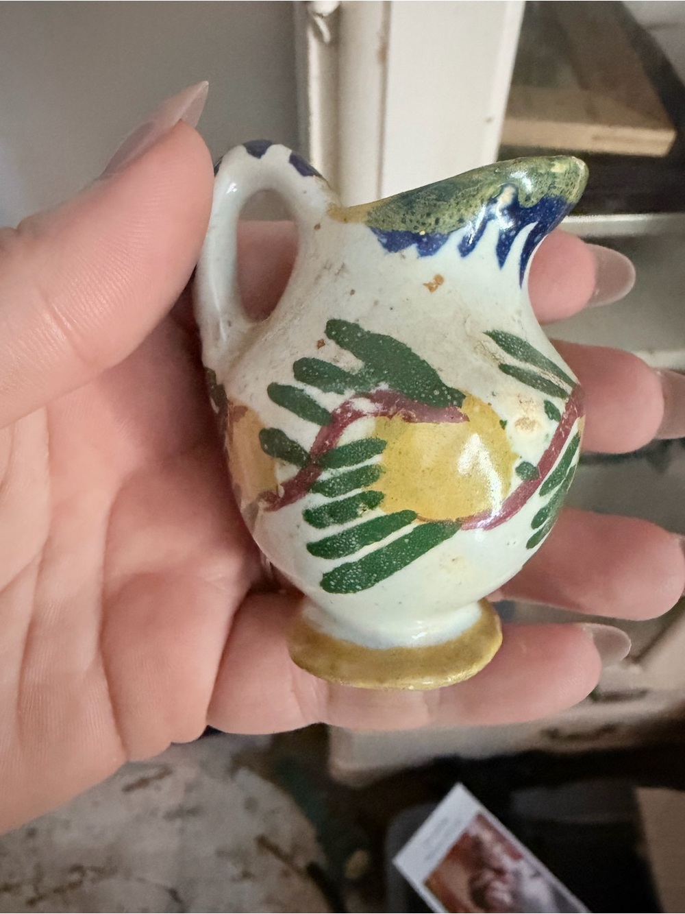 Hand-Painted Mini Ceramic Pitcher in Green, Yellow and Blue